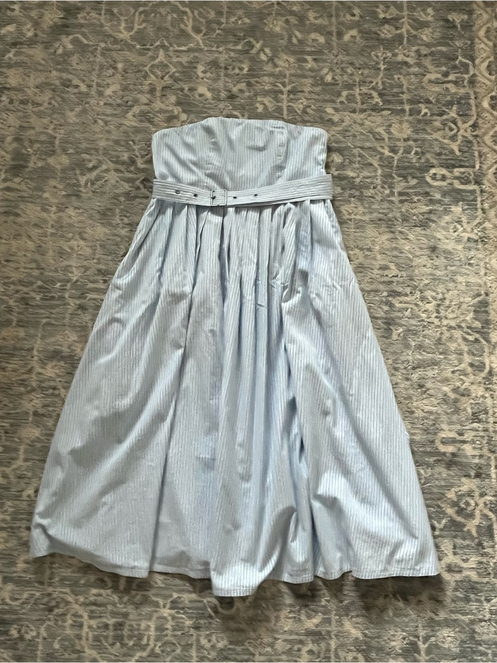 Strapless Light Blue Pinstripe Midi Dress